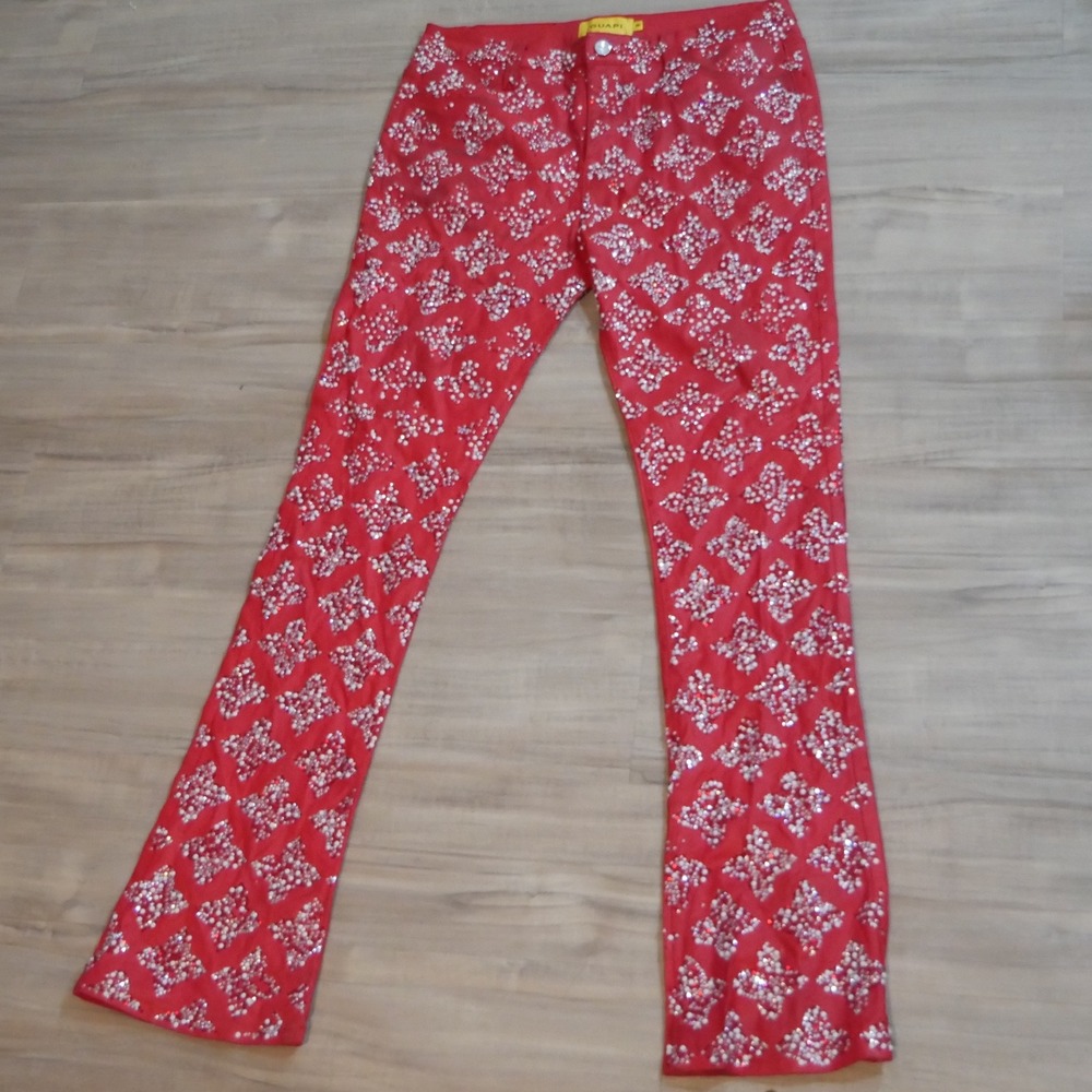 Guapi Premium Mens Blood Red Rhinestone Starburst Flared Denim Pants Size 36